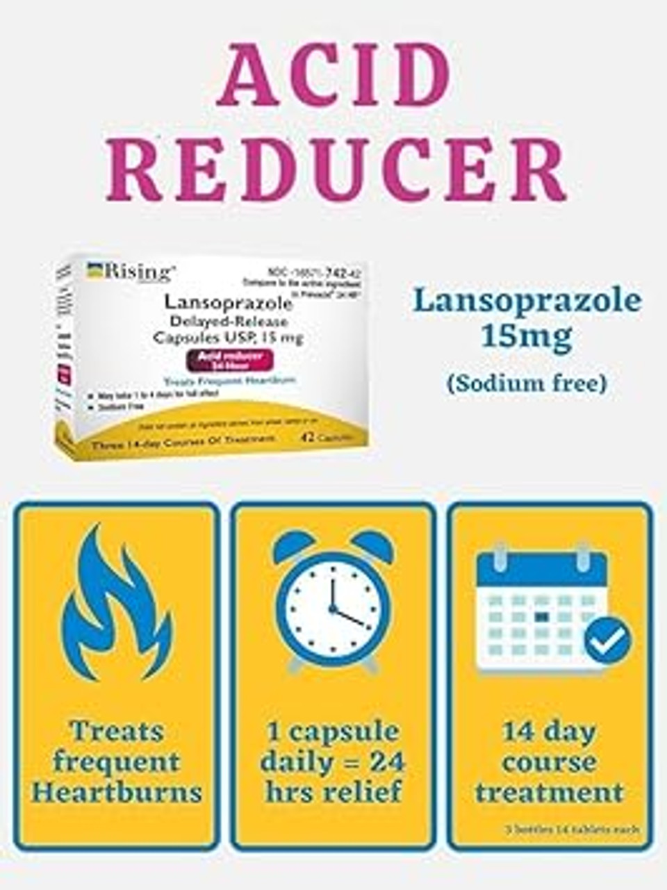 Rising Health - Lansoprazole Delayed-Release Capsules, Usp - 15 Mg - Treats Frequent Heartburn - 42 Count - Sodium-Free - Tamper-Evident Bottle