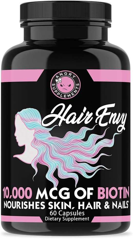 Angry Supplements Hair Envy 10,000 Mcg Biotin + Keratin Capsules, Grow Hydrate Hair, Strengthen Thicken Nails, Clear Skin  Natural Remedy For Damaged Thinning Hair, (1-Bottle, 60Ct)