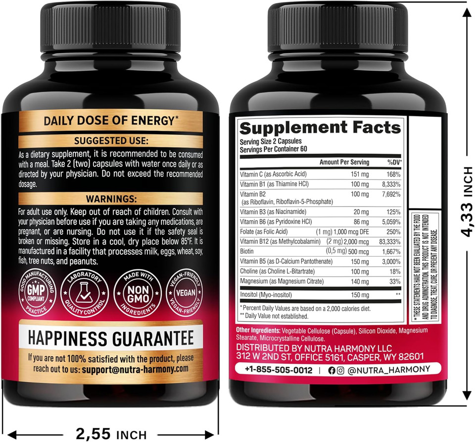 Vitamin B Complex For Men & Women - Made In Usa - B-Complex: B1, B2, B3, B5, B6, B7, B8, B9, B12 With Vitamin C, Choline, Inositol - Energy, Brain & Heart Support Supplement, 60 Vegan Capsules