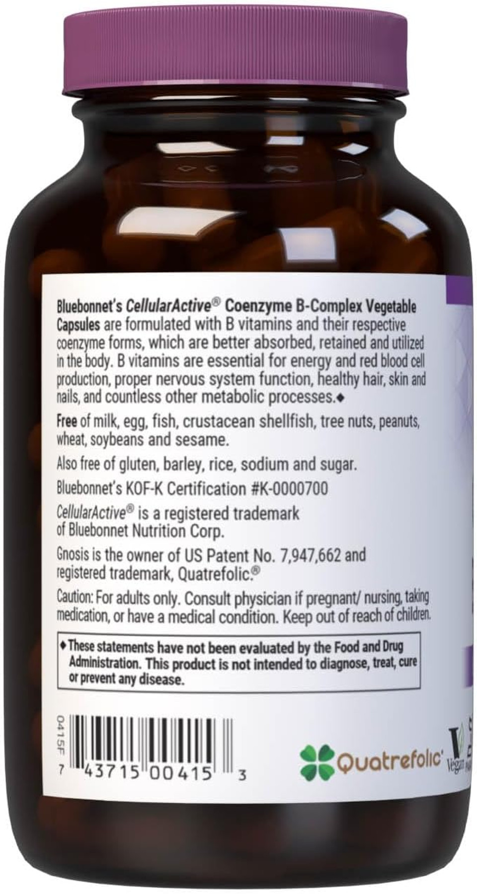 Bluebonnet Nutrition Cellular Active Coenzyme B-Complex, Energy Production & Nerve Support*, Vegan, Kosher Certified, Gluten-Free, Soy-Free, Dairy-Free, 100 Vegetable Capsules, 100 Servings