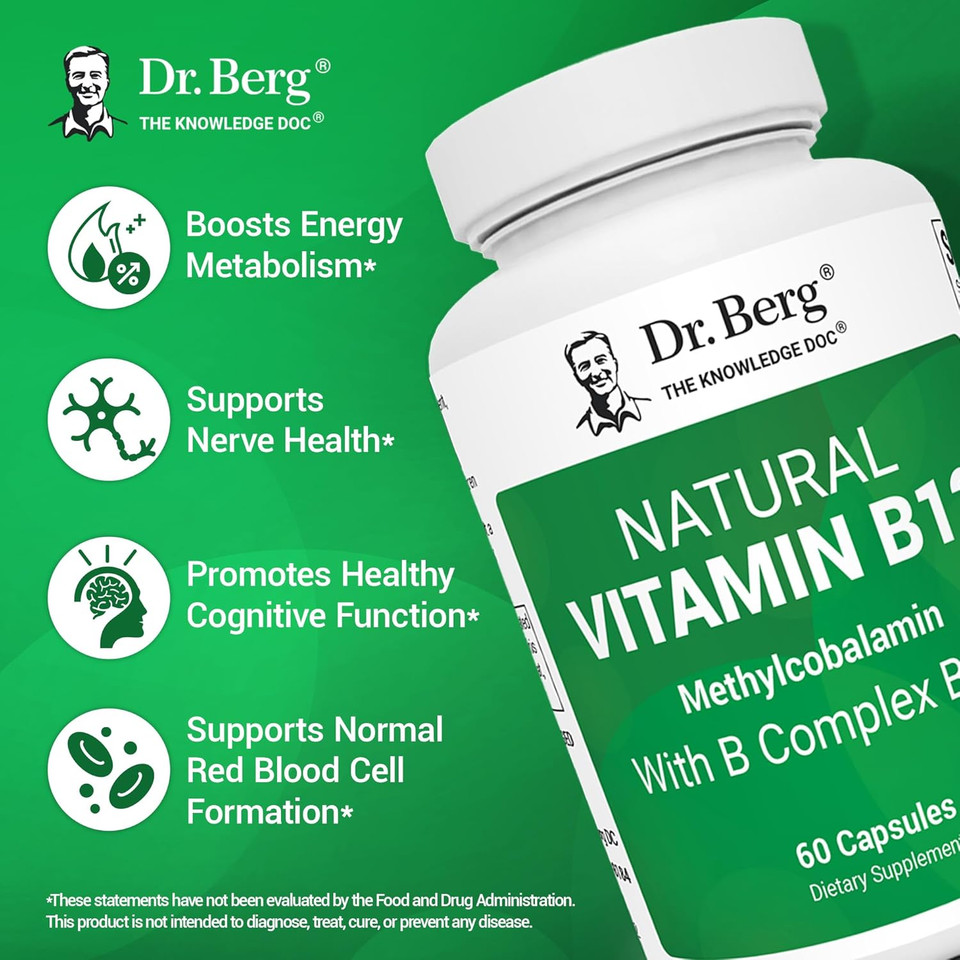 Dr. Berg Natural Vitamin B12 1000 Mcg With B Complex Blend - Methylcobalamin B12 For Energy, Nerve Health, And Cognitive Function* - Methylated B12 With Folate - 60 Capsules (2-Month Supply)