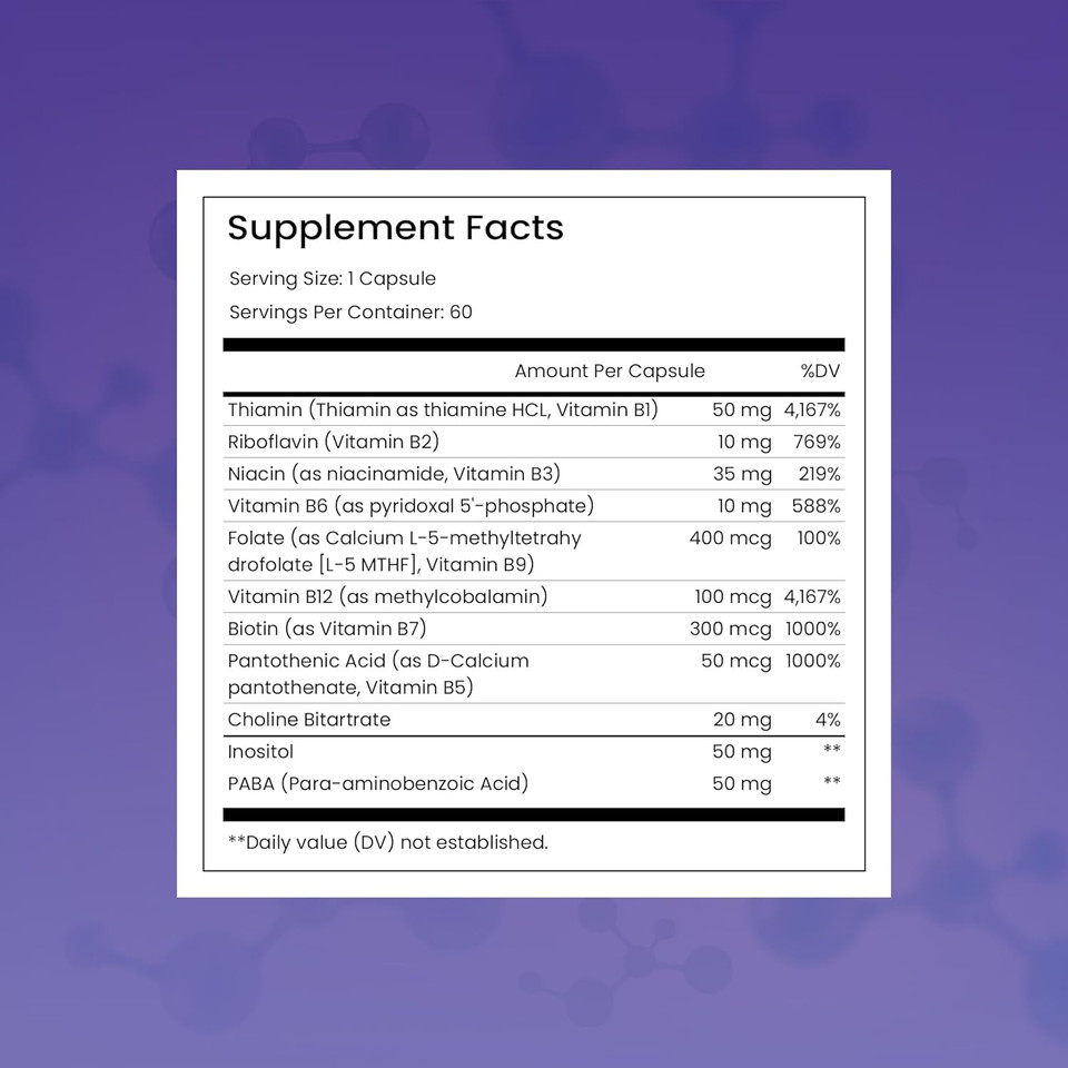 Thomas' All-Natural Remedies Vegan B Vitamins With Choline, Paba & Inositol - Folate - Vitamins For Energy & Metabolism - Hair Skin Nails - 60 Caps - Made In Usa