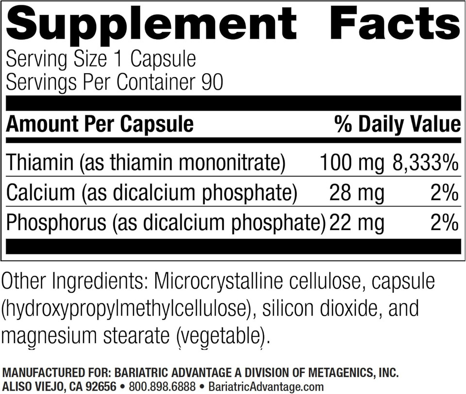 Bariatric Advantage Vitamin B1 Thiamin - 100 Mg Thiamin Mononitrate - Easy Digest - Designed For Bariatric Patients - Supports Energy Production* - 90 Count