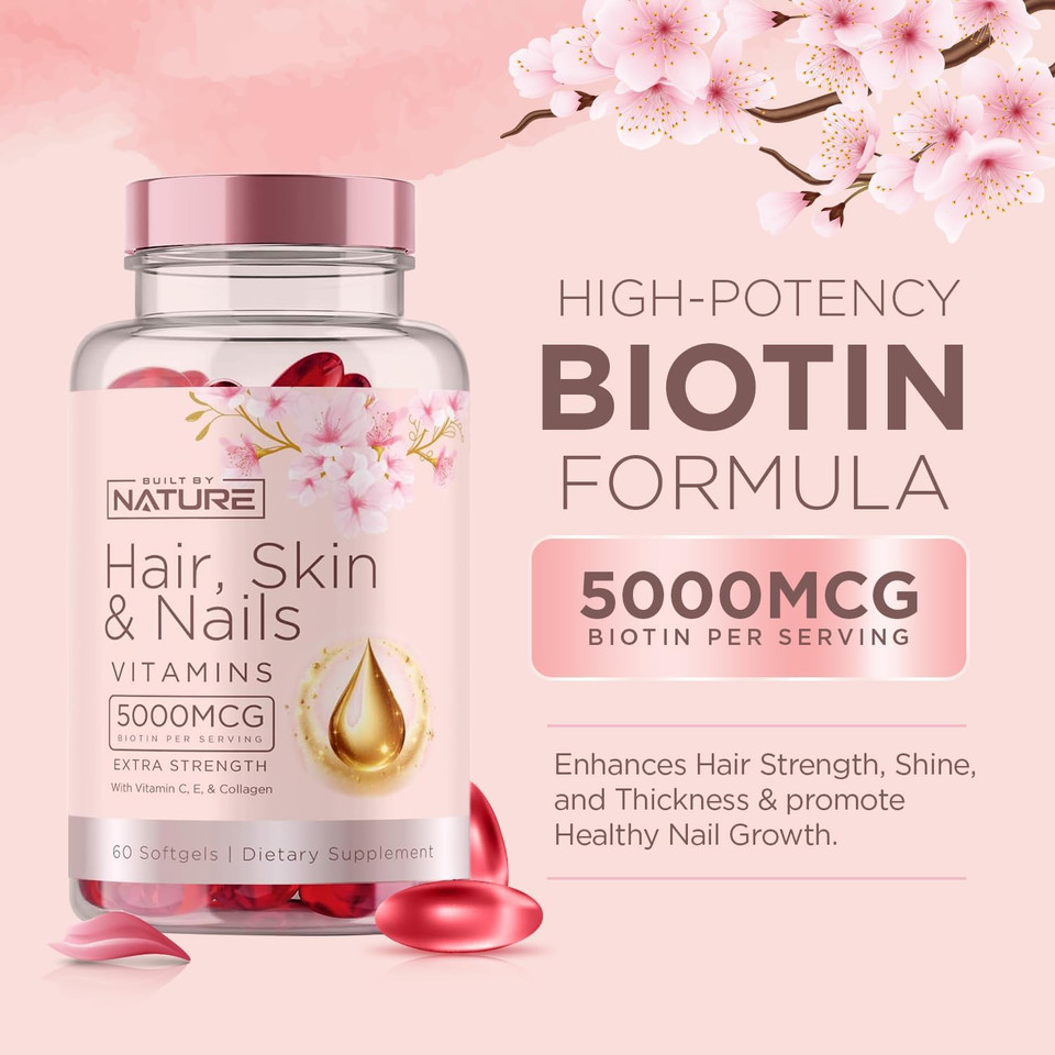 Hair Skin And Nails Vitamins  5000Mcg Biotin With Vitamin C, E, Collagen, Hyaluronic Acid, Argan & Coconut Oil  Luscious Hair Growth & Radiant Skin Supplement For Women  60 Softgels