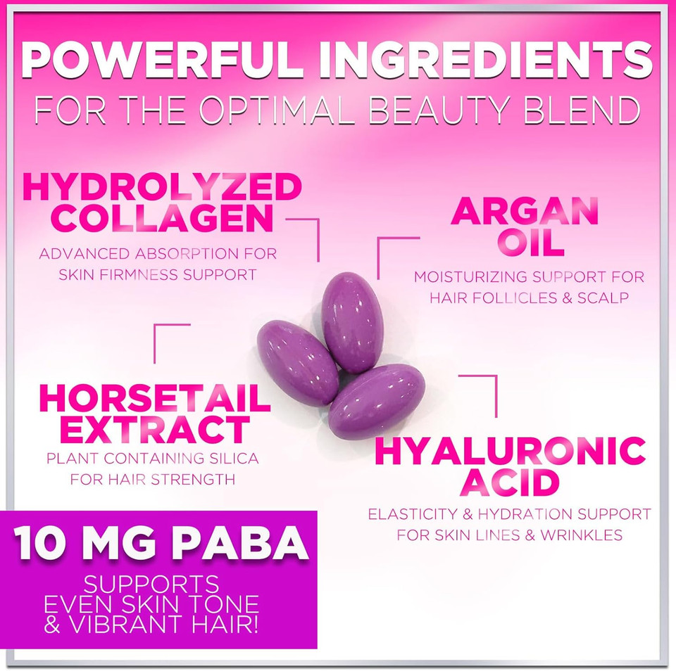 Hair, Skin & Nails Vitamins For Women - Biotin 5000Mcg To Support Hair Growth With Argan Oil, Collagen & Hyaluronic Acid, Beautiful, Stronger Skin, Hair & Nails Vitamin Supplement - 60 Softgels