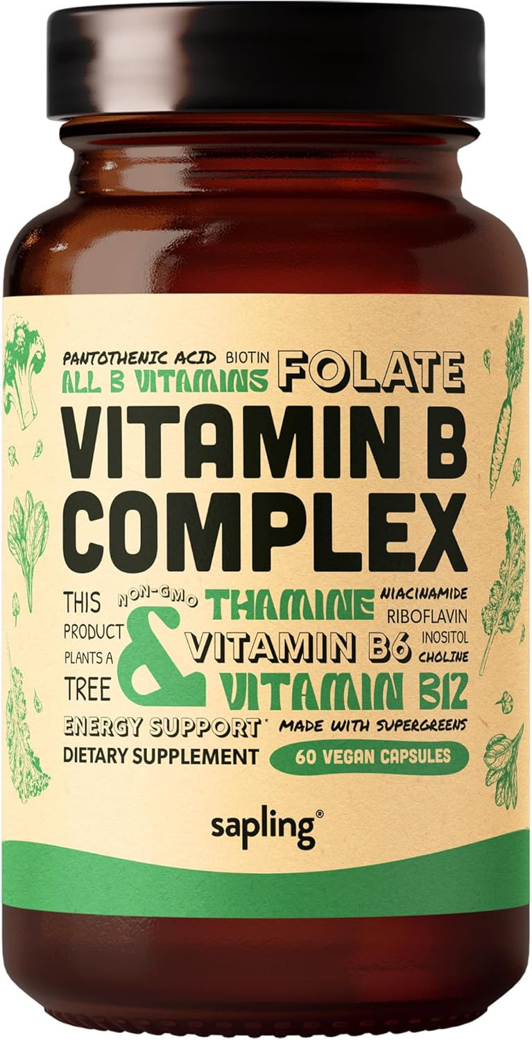 Vegan Vitamin B Complex - Whole Food Blend With Essential B Vitamins B1, B2, B3, B5, B6, B7, Folate, B12-60 Caps