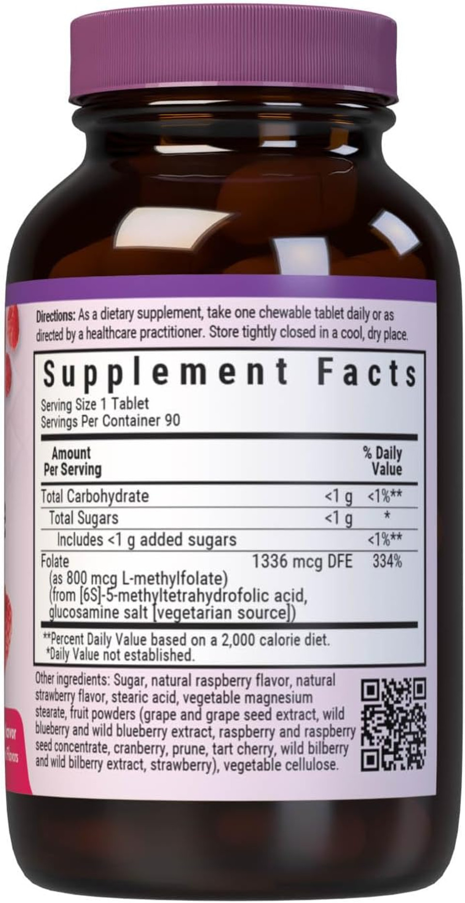 Bluebonnet Earthsweet Methylfolate 800 Mcg Cellular Active Coenzyme 5-Mthf L Methyl Folate Supplement - Prenatal & Energy Support* - Non-Gmo, Vegan, Gluten-Free - Raspberry - 90 Chewable Tablets