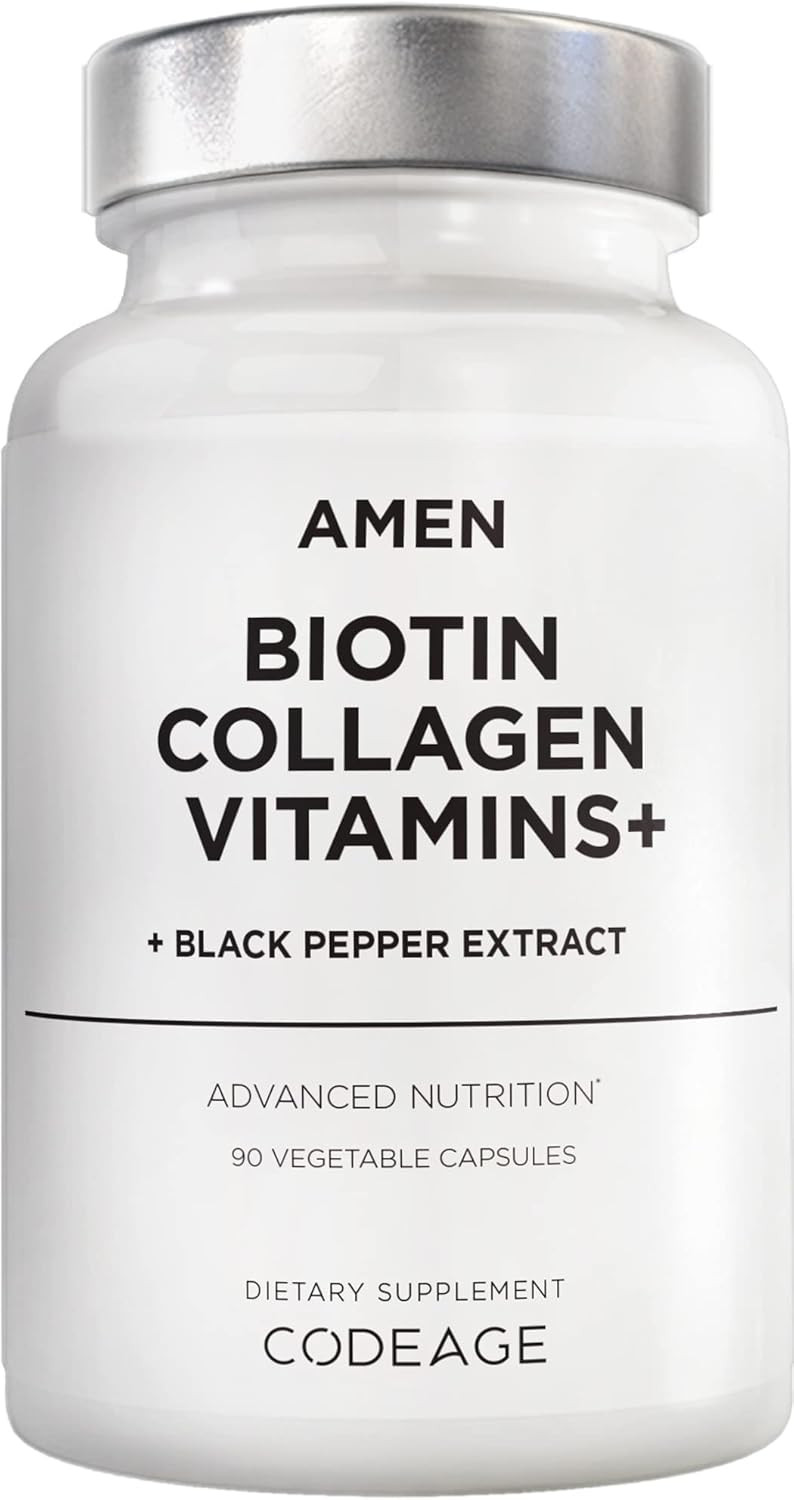 Amen Biotin Collagen Vitamins+ 10,000 Mcg Biotin Supplement - Hydrolyzed Collagen, Vitamins C & E, Folate, Hyaluronic Acid, Keratin, Msm, Saw Palmetto - 3-Month Supply - Non-Gmo - 90 Capsules