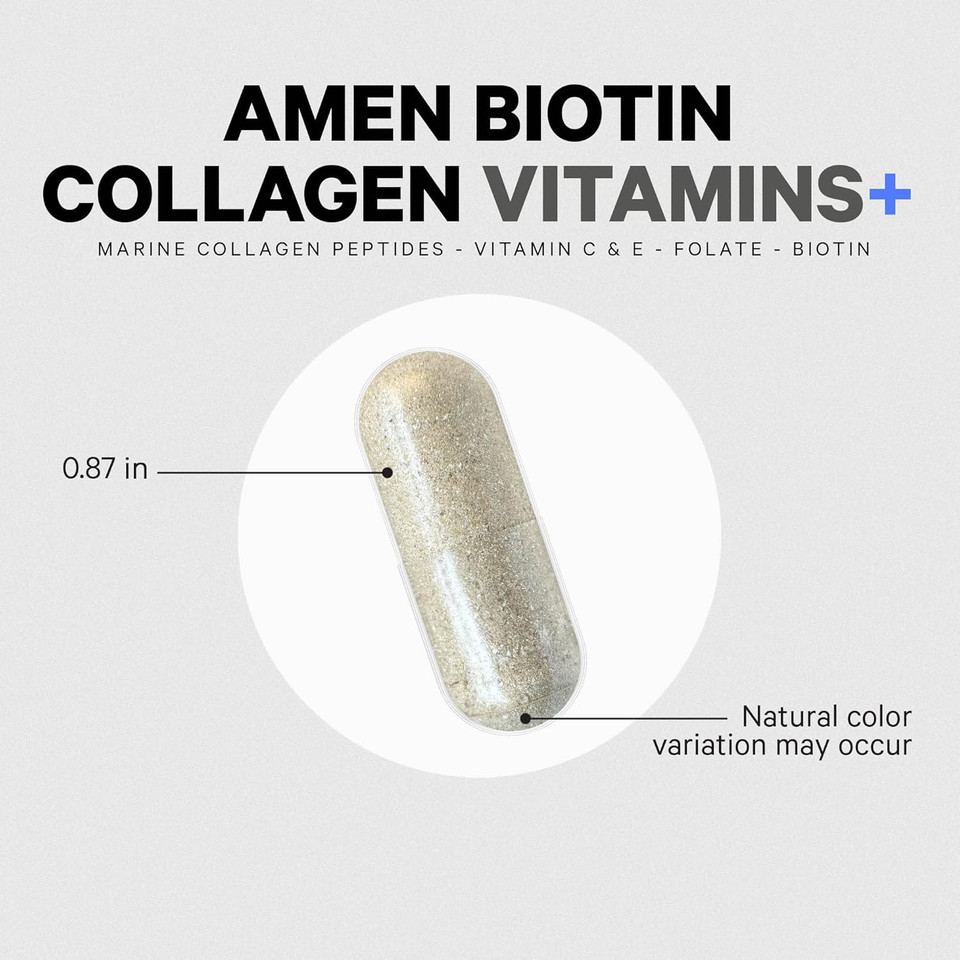 Amen Biotin Collagen Vitamins+ 10,000 Mcg Biotin Supplement - Hydrolyzed Collagen, Vitamins C & E, Folate, Hyaluronic Acid, Keratin, Msm, Saw Palmetto - 3-Month Supply - Non-Gmo - 90 Capsules