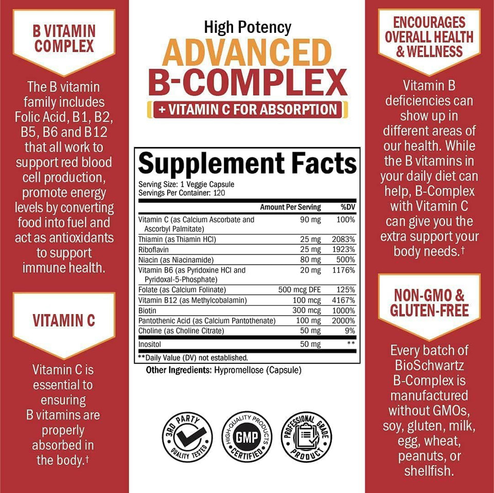 Vitamin B Complex With Vitamin C For Maximum Absorption - Methylcobalamin B12 & Folate Folic Acid Supplement - B1 B2 B3 B5 B6 B7 B9 For Immune Energy & Nervous System Support - Non-Gmo, 120 Count