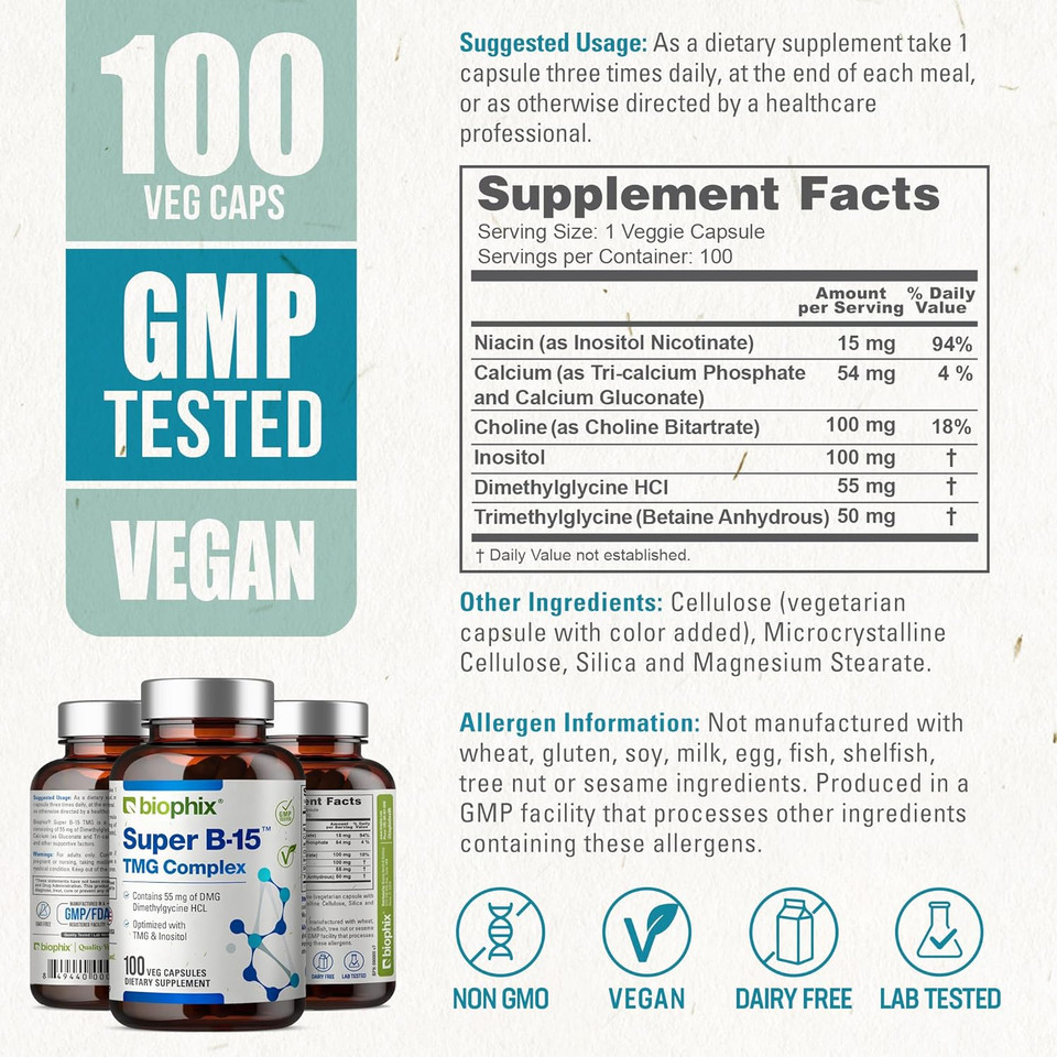 Biophix Super B-15 100 Vcaps - Niacin Calcium Choline Inositol Dmg Tmg - Supports Healthy Oxygen Energy Levels