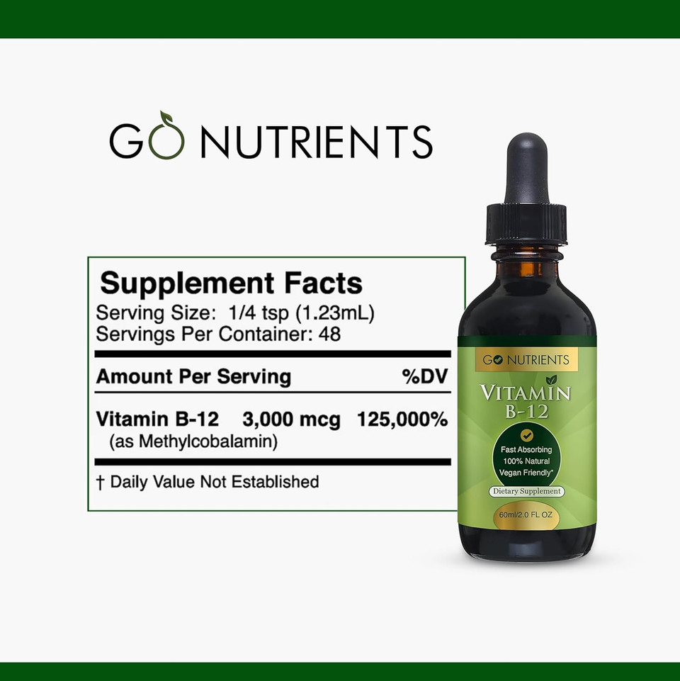 Go Nutrients Vitamin B12 Sublingual Methylcobalamin  B-12 Liquid Drops 3000Mcg, Organic Raspberry Flavor, Vegan  Supports Energy, Nerve Health & Red Blood Cell Formation - 2Oz (48 Servings)