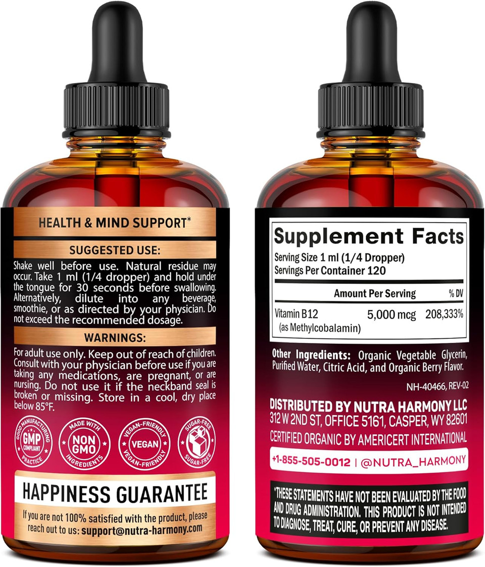 Usda Organic Vitamin B12 Sublingual Spray - 5000 Mcg Liquid Vegan Methylcobalamin For Women & Men - Energy Boost, Focus & Mood, Brain Health Support - Maximize Absorption - 2 Month Supply, 2 Fl Oz