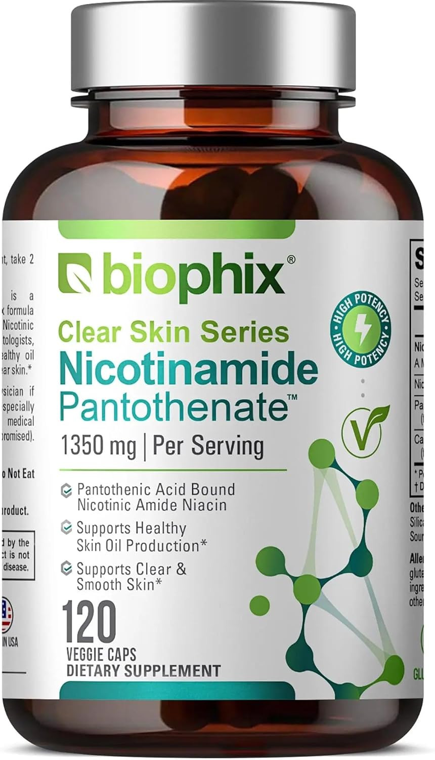 Biophix B-3 Nicotinamide Pantothenate 1350 Mg 120 Vcaps - Clear Skin Series B5 Pantothenic Acid Natural Flush-Free Nicotinic Amide Niacin - Supports Skin Cell Health