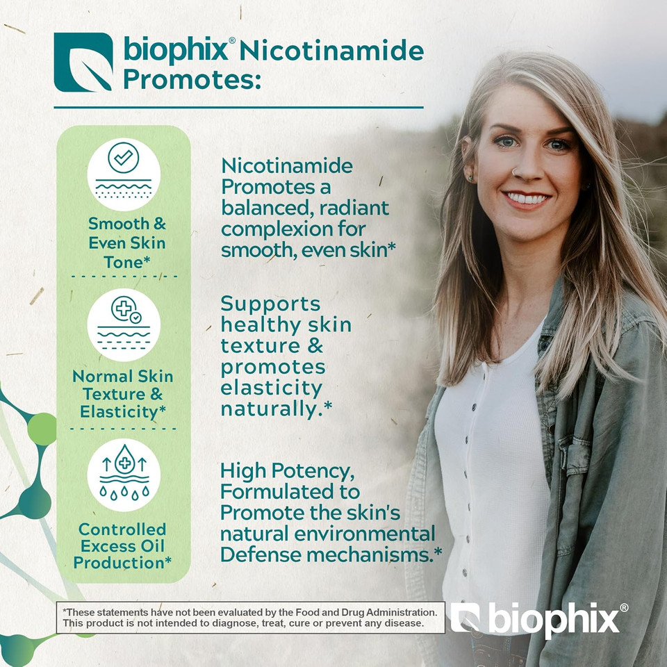 Biophix B-3 Nicotinamide Pantothenate 1350 Mg 120 Vcaps - Clear Skin Series B5 Pantothenic Acid Natural Flush-Free Nicotinic Amide Niacin - Supports Skin Cell Health
