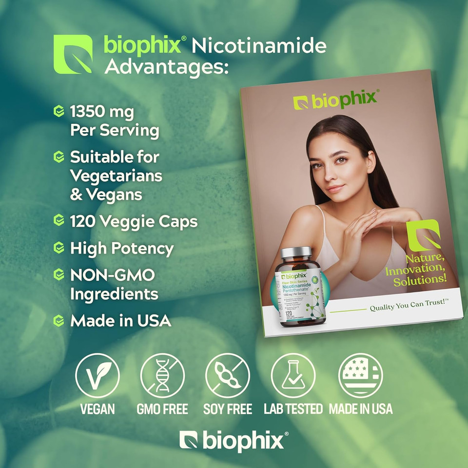Biophix B-3 Nicotinamide Pantothenate 1350 Mg 120 Vcaps - Clear Skin Series B5 Pantothenic Acid Natural Flush-Free Nicotinic Amide Niacin - Supports Skin Cell Health
