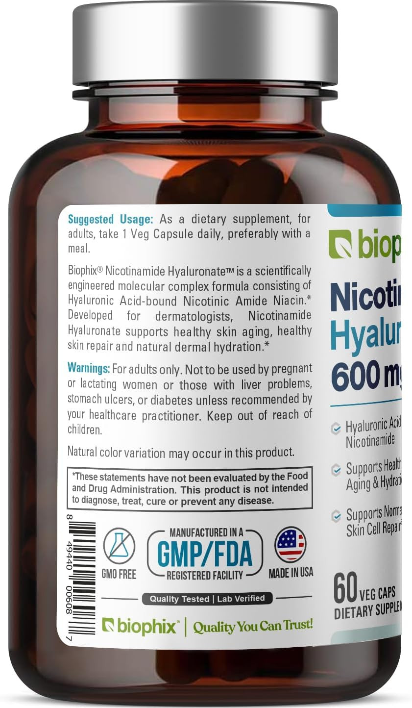 Nicotinamide Hyaluronate 600 Mg 60 Vcaps - Natural Flush-Free | Gluten-Free Nicotinic Amide Niacin | Hyaluronic Acid | Supports Skin Health | Healthy Cell Repair Support