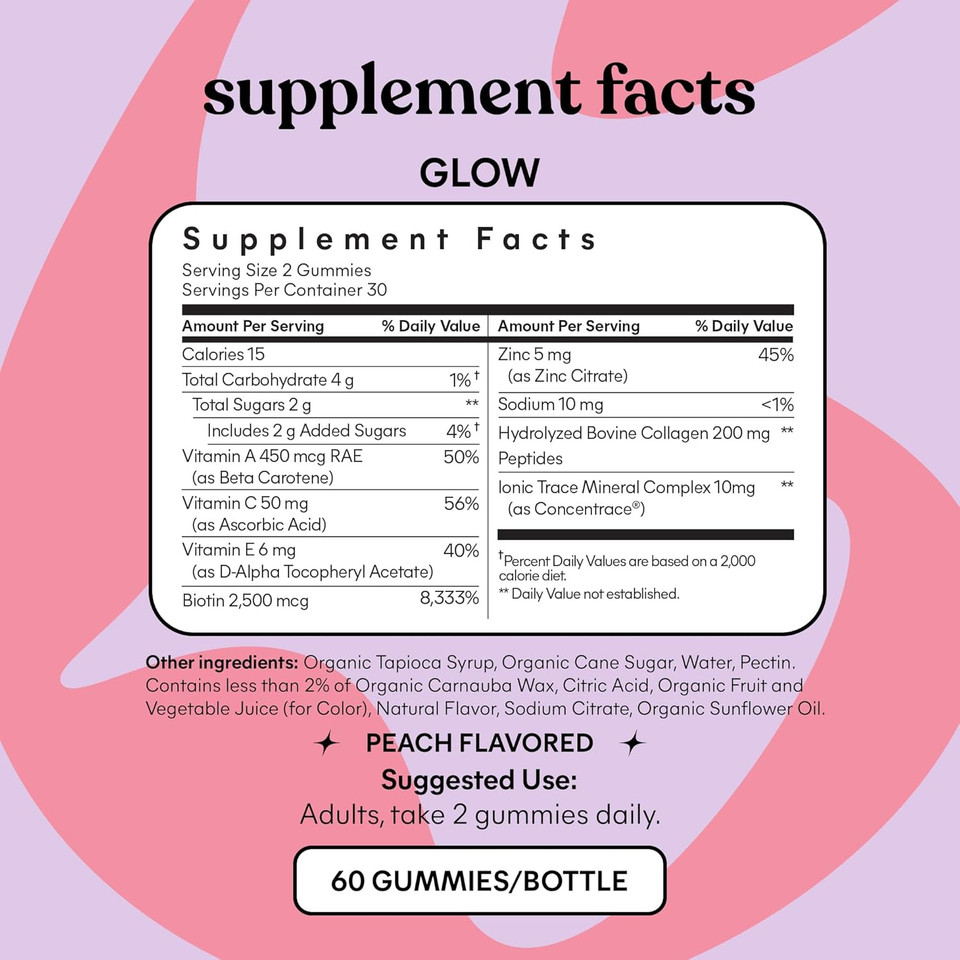 Lemme Glow Collagen Gummies For Thick Hair, Strong Nails & Healthy Skin With Multi-Collagen Peptides, Biotin, Trace Minerals, Zinc, Vitamins A, C & E, Dairy & Gluten Free, Peach Flavor, 60 Ct