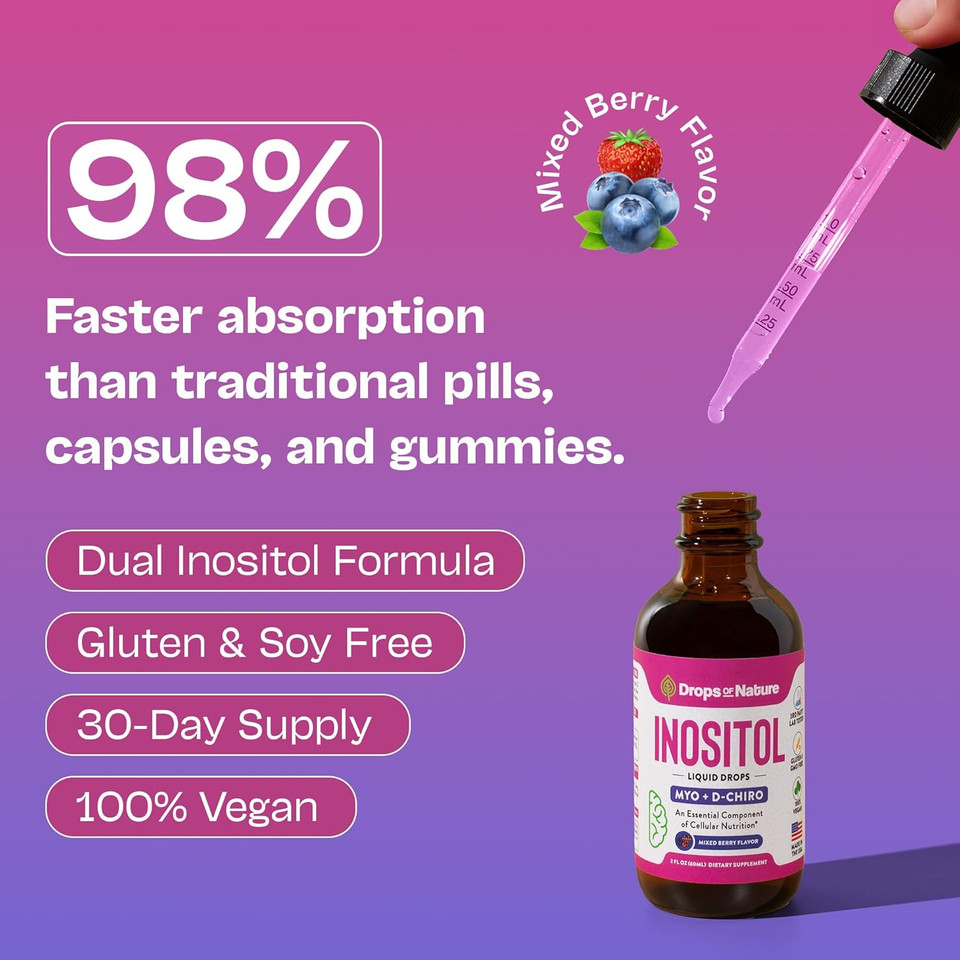 Inositol Liquid Drops Supplement  D Chiro And Myo Inositol Supplement For Women  Vegan, Gmo-Free, Easy Liquid Dose  Supports Balance, Clarity, Cellular Health & General Wellness (Mixed Berry, 60Ml)