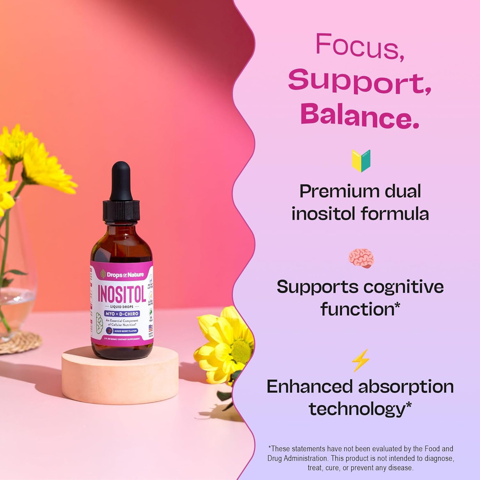 Inositol Liquid Drops Supplement  D Chiro And Myo Inositol Supplement For Women  Vegan, Gmo-Free, Easy Liquid Dose  Supports Balance, Clarity, Cellular Health & General Wellness (Mixed Berry, 60Ml)