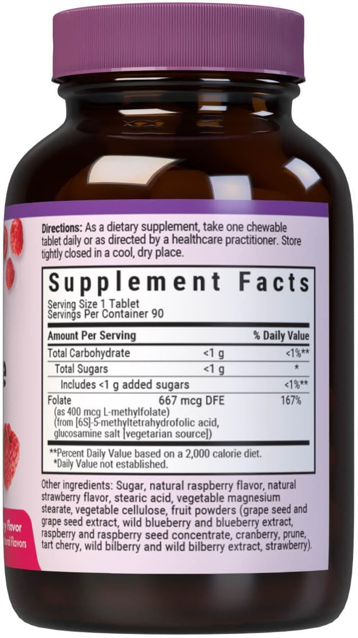 Bluebonnet Earthsweet Methylfolate 400 Mcg Cellular Active Coenzyme 5-Mthf L Methyl Folate Supplement - Prenatal & Energy Support* - Non-Gmo, Vegan, Gluten-Free - Raspberry - 90 Chewable Tablets