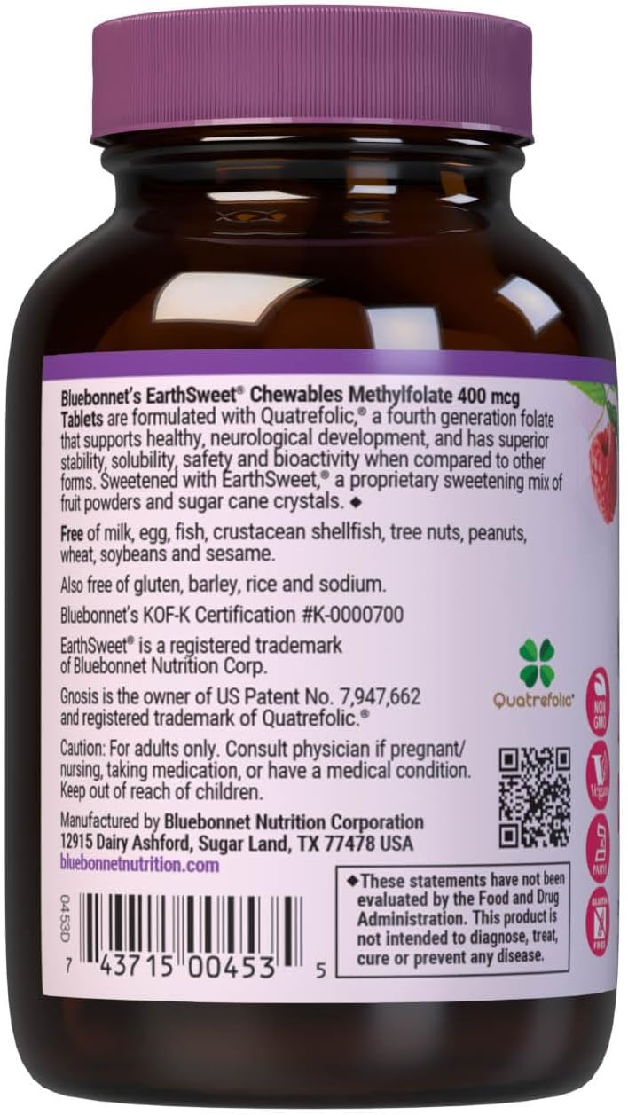 Bluebonnet Earthsweet Methylfolate 400 Mcg Cellular Active Coenzyme 5-Mthf L Methyl Folate Supplement - Prenatal & Energy Support* - Non-Gmo, Vegan, Gluten-Free - Raspberry - 90 Chewable Tablets