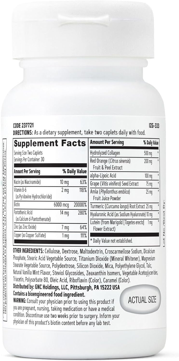 Gnc Women'S Advanced Hair, Skin & Nails Daily Multivitamin Blend For Women, Clinically Studied Beauty Support Containing Biotin, Hyaluronic Acid, Collagen, Lutein, 60 Caplets