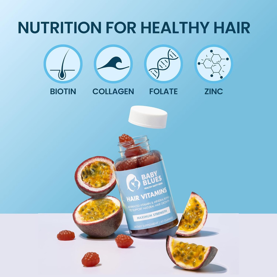 Baby Blues Postpartum Hair Loss Vitamins - Passion Fruit Gummies With Biotin, Collagen, & Folate
