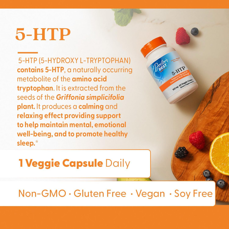 Doctors Best 5-Htp, Supports Mental & Emotional Well-Being, Non-Gmo, Gluten Free, Soy Free, Vegan 180 Veggie Caps