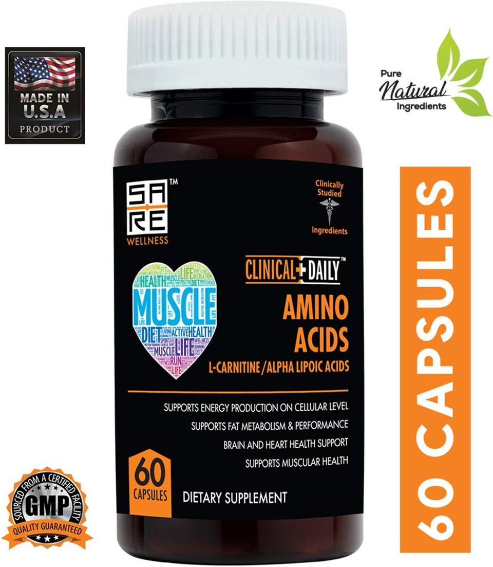 Clinical Daily Acetyl L Carnitine - Alpha Lipoic Essential Amino Acids Supplements Capsules For Women, Men Or Elderly- Alcar Ala Complex Helps Boost Metabolism, Brain, Heart, & Muscle Health- 60 Pills
