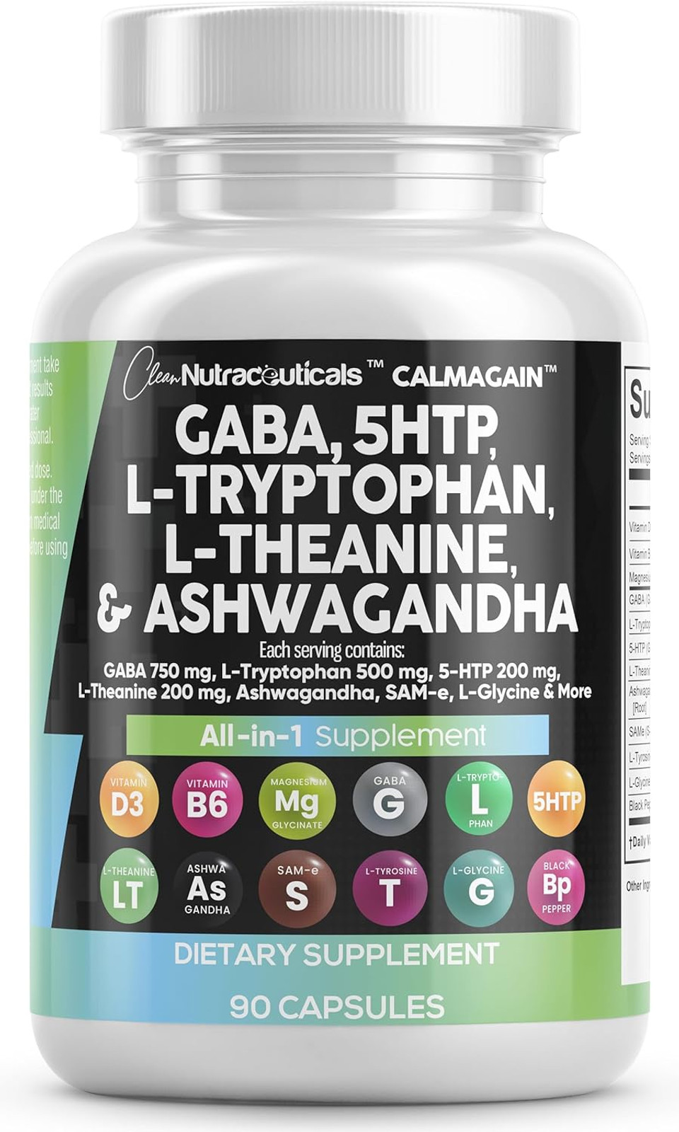 Clean Nutraceuticals Gaba 750Mg 5 Htp 200Mg L Tryptophan 500Mg L Theanine 200Mg Ashwagandha Sam-E L-Glycine - Mood Support Vitamins For Women And Men With L-Tyrosine 5-Htp (5-Hydroxytryptophan)