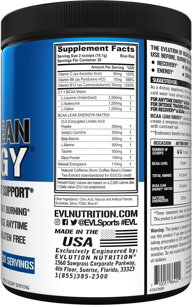 Evl Bcaa Lean Energy Powder - Pre Workout Green Tea Fat Burner Support With Bcaas Amino Acids And Clean Energizers - Post Workout Recovery Drink For Lean Muscle Recovery - Blue Raz