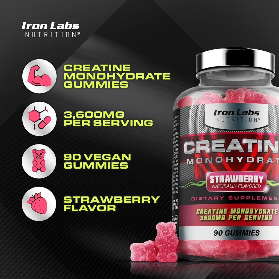 Iron Labs Nutrition Creatine Monohydrate (90 Gummy Bears) - 3600Mg Per Serving - Strawberry Flavor - High Strength Creatine For Men & Women (90 Vegan Gummies)