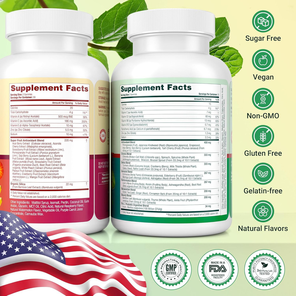 Everyday Debloat & Detox Sugar-Free Fruits And Veggies Gummies - Energy Support With Superfood Fruit And Vegetable Supplement (120 Chews) Cruelty-Free, Vegan, Gluten-Free, Fruit And Vegetable Vitamin