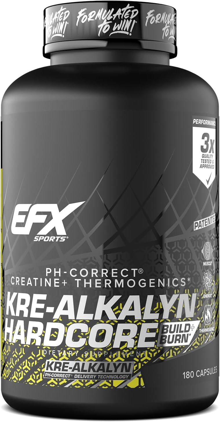 Efx Sports Kre-Alkalyn Hardcore | Thermogenic Ph Correct Creatine Monohydrate Pill Supplement | Energy & Strength Pre Workout | 126 Servings, 380 Capsules