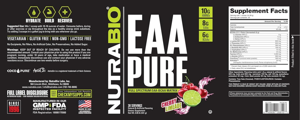Nutrabio  Eaa Pure  9 Amino Acids  Muscle Repair And Recovery, 30 Servings, Grape Berry Crush  Pre Or Post Workout  All Day Recovery