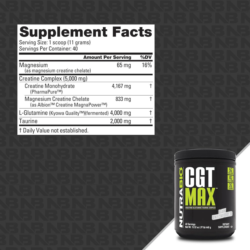 Nutrabio Cgt-Max Powder- Creatine, Glutamine And Taurine To Support Muscle Recovery And Strength - 40 Servings - Tropical Fruit Punch
