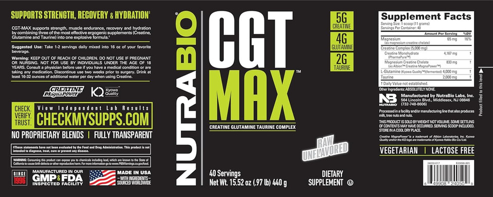Nutrabio Cgt-Max Powder- Creatine, Glutamine And Taurine To Support Muscle Recovery And Strength - 40 Servings - Tropical Fruit Punch