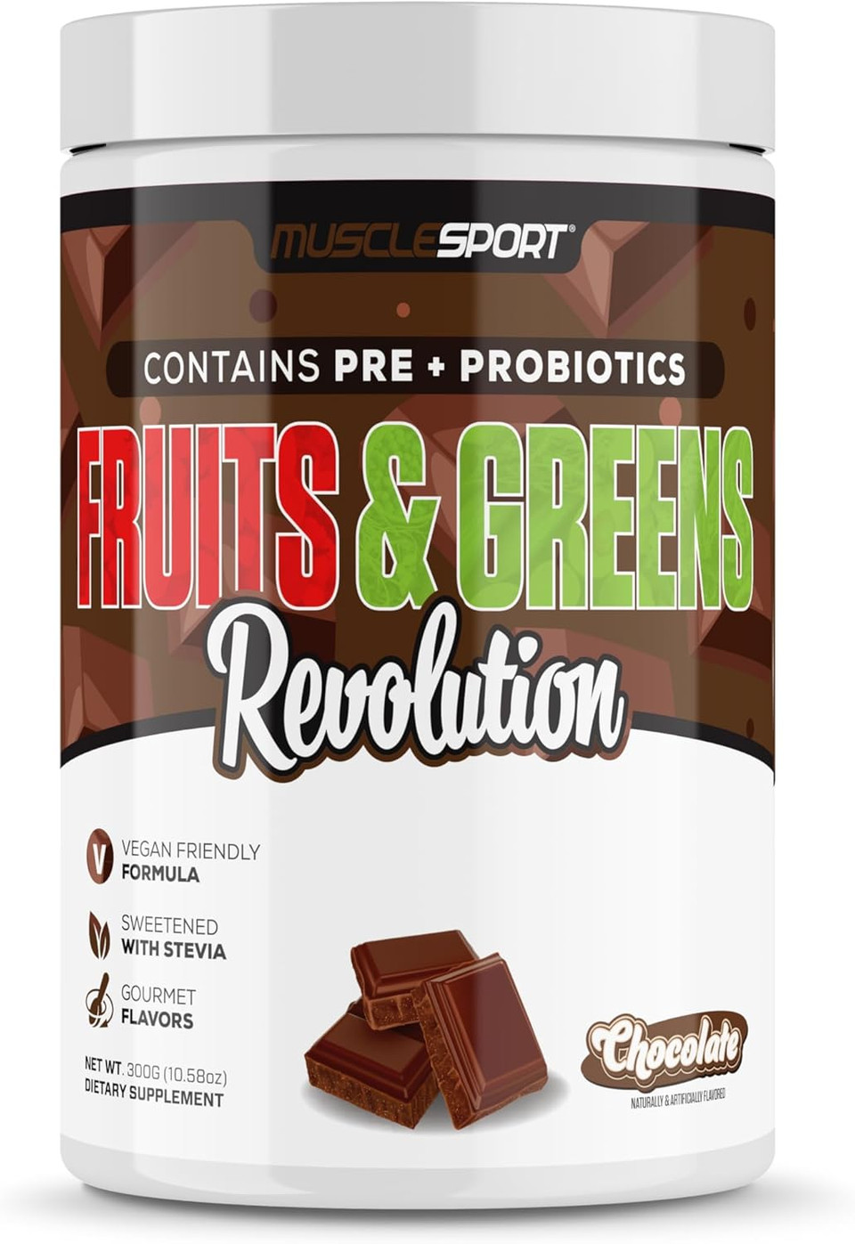 Musclesport Fruits & Greens - Fruit, Vegetable And Antioxidant Supplement, Including Wheat Grass And Spirulina, Added Fiber And Probiotics - 30 Servings (Chocolate)