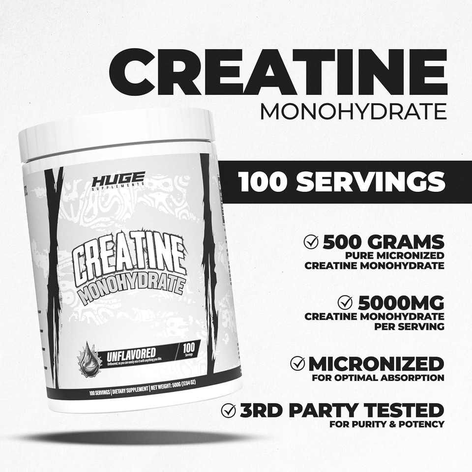 Huge Supplements Flavored Creatine Monohydrate Powder - Mango Flavor, 500 Grams, Third Party Tested, Micronized For Optimal Absorption, 5 Grams Per Scoop, Delicious & Easy Mixability (100 Servings)