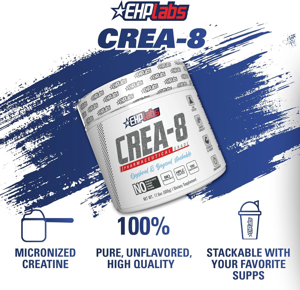 Ehp Labs Crea-8 Creatine Monohydrate Powder - Unflavored Creatine Powder For Muscle Growth, Increased Strength, Enhanced Energy Output And Improved Performance - 100 Servings (500G)