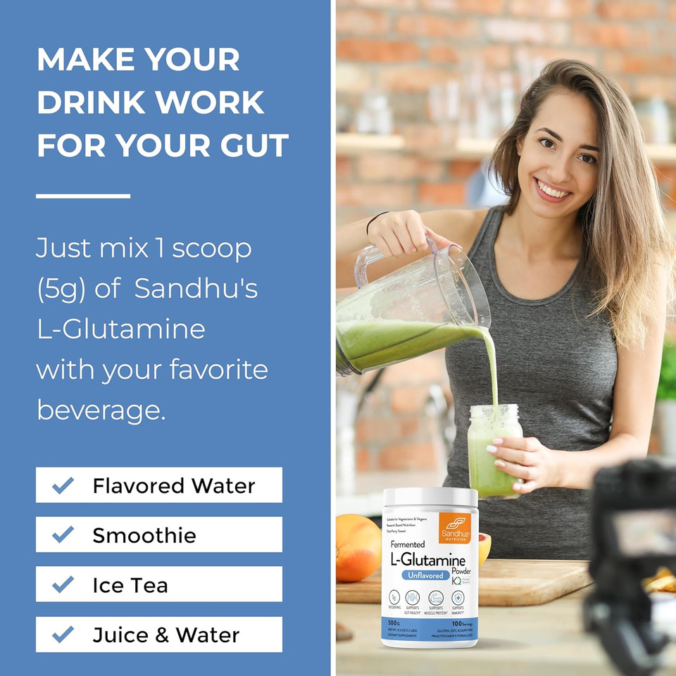 Sandhu'S L-Glutamine Powder | 100 Servings, 500 Gram, 17.6 Oz., Large Size, 3 Months Supply| Made In Usa | Non-Gmo, Amino Acid Supplement For Muscle Support And Gut Health