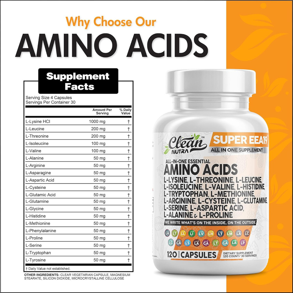 Clean Nutraceuticals Amino Acids Supplement L-Lysine, L-Threonine, L-Leucine, Isoleucine, Valine, L-Histidine, L-Tryptophan, L-Methionine, L-Arginine, L-Cysteine, L-Glutamine, L-Serine, Aspartic Acid