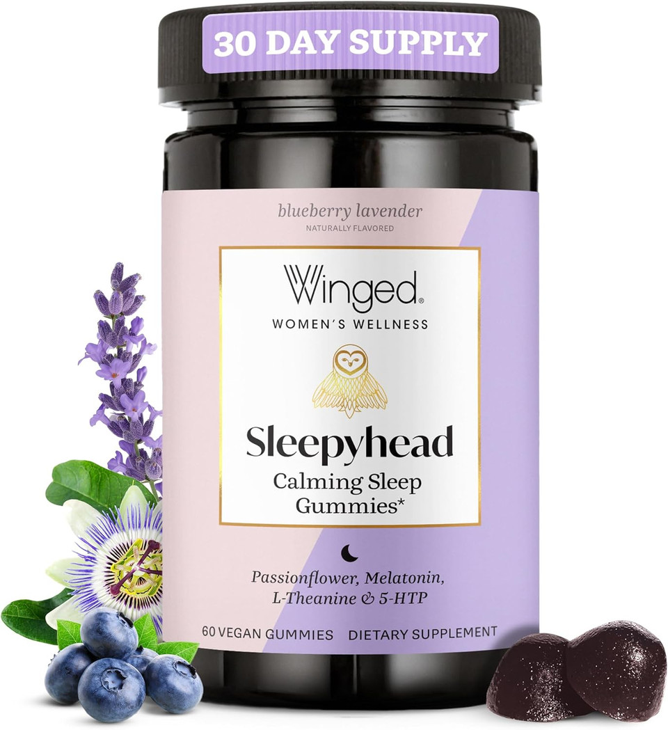 Winged Sleepyhead Gummies | Non-Habit Forming Natural Sleep Supplement | 8 Powerful Nutrients With Melatonin, L-Theanine, 5-Htp, Passionflower & Lemon Balm | Blueberry Lavender Flavor (7 Servings)