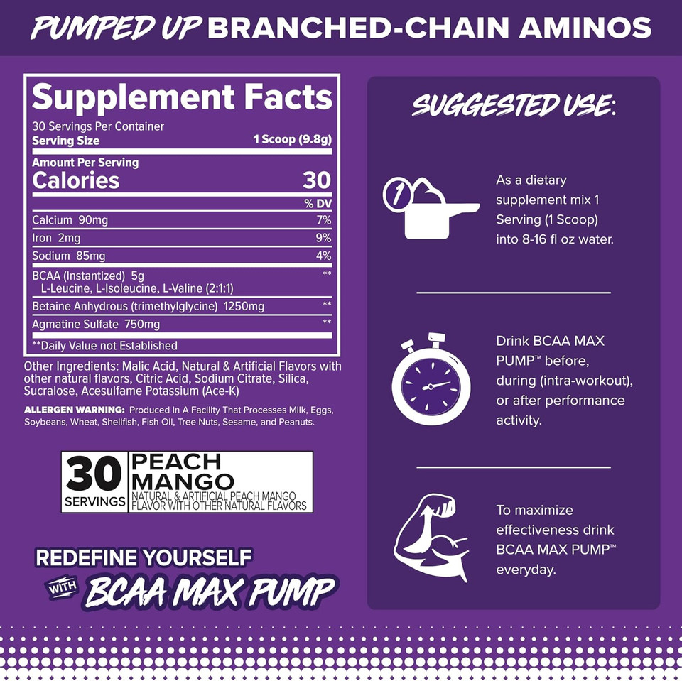 Finaflex Bcaa Max Pump, Peach Mango - 10.4 Oz - Promotes Strength, Performance & Recovery - With 2:1:1 Ratio Of Leucine, Isoleucine & Valine + Betaine Anhydrous - 30 Servings