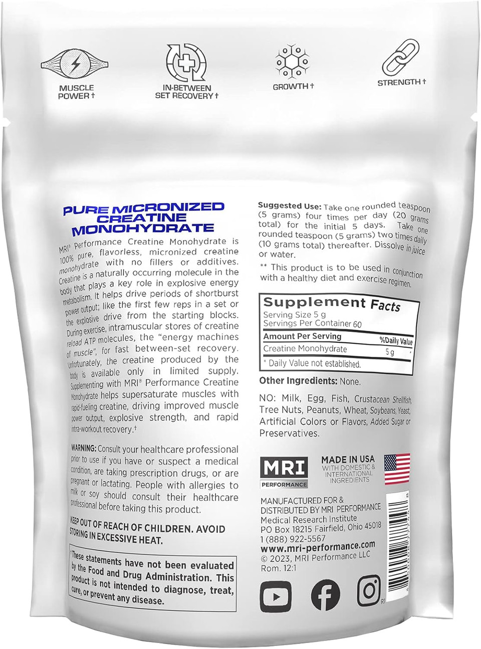 Mri Performance Creatine Monohydrate Powder 5G,100% Pure Micronized Creatine Supplement, Muscle Growth & Recovery, Build Muscle, Increase Strength, Performance, Endurance, 300G, 60 Serv, Unflavored