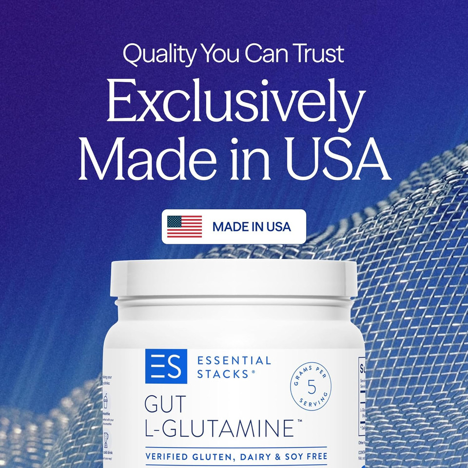 Essential Stacks Gut L-Glutamine Powder - Exclusively Made In Usa - Pure L Glutamine Powder For Gut Health (60 Servings, Unflavored)