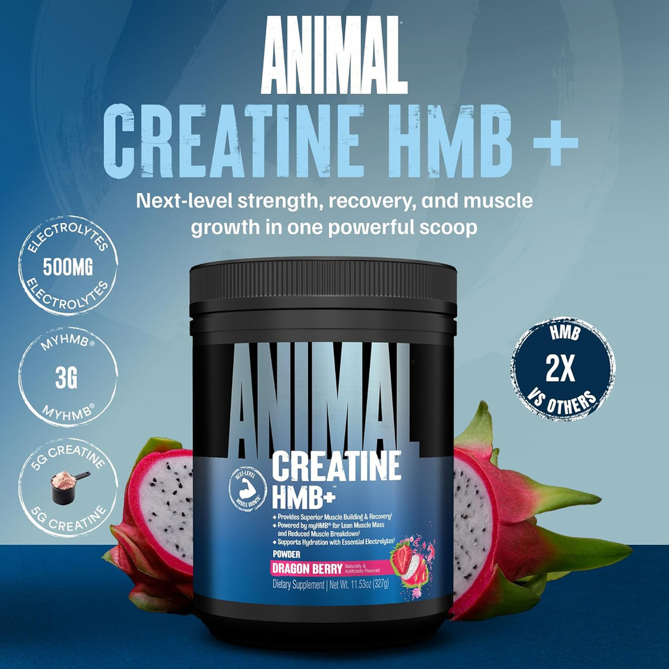 Animal Creatine Hmb+ - Creatine Monohydrate Powder With Hmb & Electrolytes, Supports Muscle Growth, Recovery, Endurance, Gym & Workout Supplements For Men & Women - Dragon Berry Flavored, 30 Servings
