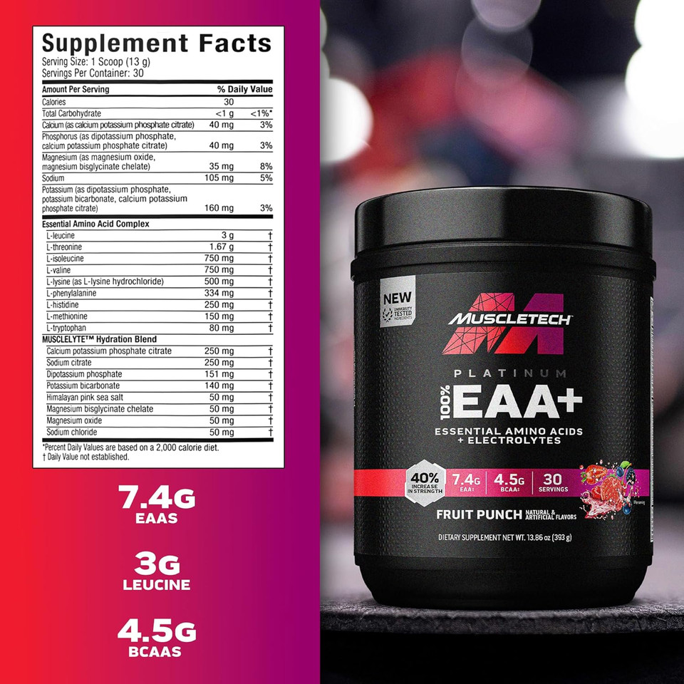 Muscletech Platinum Essential Amino Acids Supplement With Electrolytes, Grape - Pre-Workout Powder For Energy, Muscle Growth & Strength Builder - Eaa Complex For Men & Women - 30 Servings