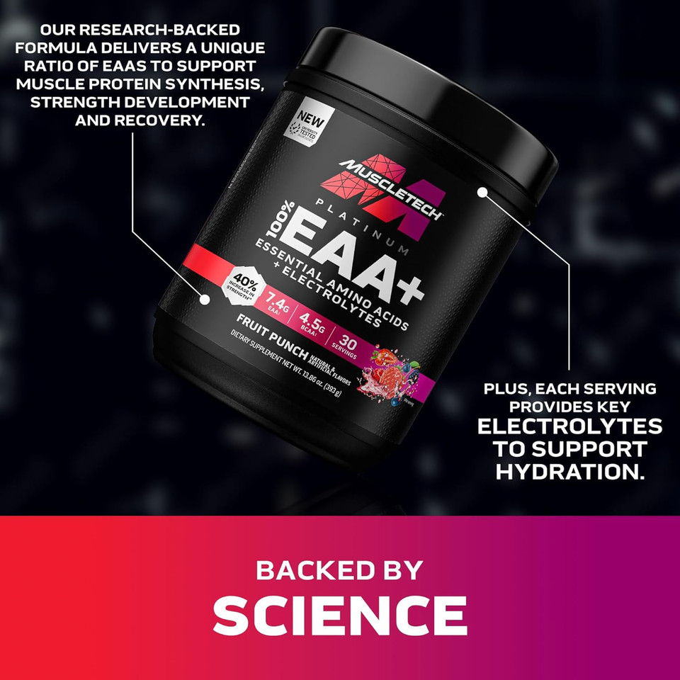 Muscletech Platinum Essential Amino Acids Supplement With Electrolytes, Fruit Punch - Pre-Workout Powder For Energy, Muscle Growth & Strength Builder - Eaa Complex For Men & Women - 30 Servings